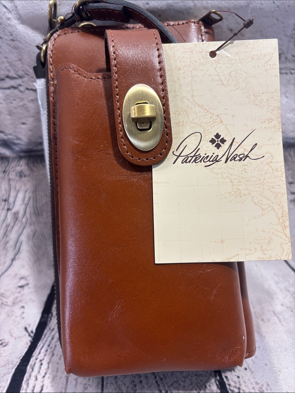 Patricia Nash Cognac Leather Crossbody Phone Pouch with Brass Turn-Lock